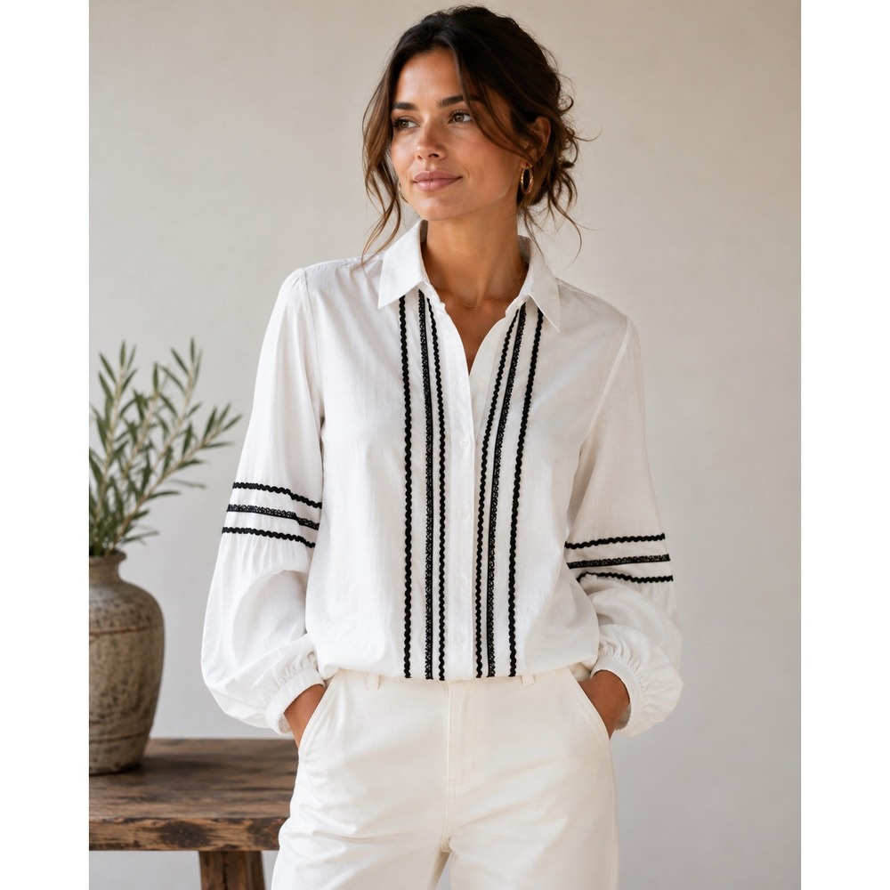 Naf Naf Paris White Boho Ric Rac Embroidered Shirt L Cottagecore Coastal Cowgirl